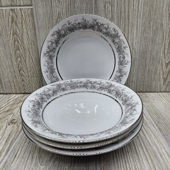 Set Of 4 Sango Florentine Rim Soup Bowl 7 5/8" Vintage Japan Platinum Trim - Picture 2 of 7